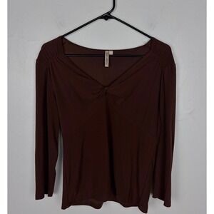 Susan Lawrence Top Brown Twist Front Long Sleeve V-Neck Blouse Large
